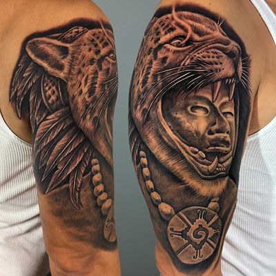 Read more about the article Illustrative Jaguar Warrior Tattoo by Goethe Silva — Los Angeles, CA