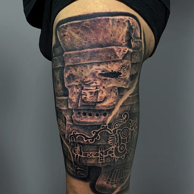 Read more about the article Blackwork Tlaloc (deity of rain) Tattoo by Goethe Silva — Los Angeles, CA