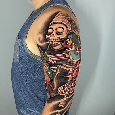 Read more about the article Neo-Traditional Mictlantecuhtli (Deity of death) Tattoo by Goethe Silva — Los Angeles, CA