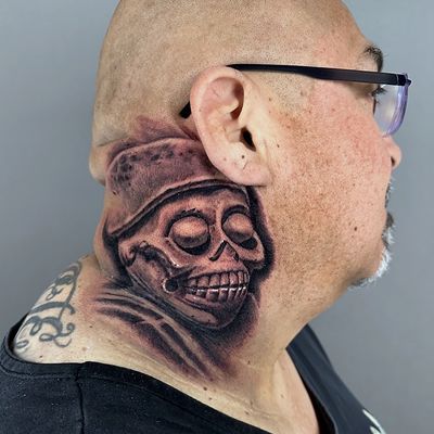 Read more about the article Realism Mictlantecuhtli (Deity of death) Tattoo by Goethe Silva — Los Angeles, CA
