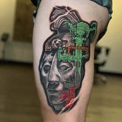 Read more about the article Illustrative face, plant and text Tattoo by Goethe Silva — Los Angeles, CA