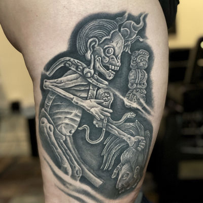 Read more about the article Blackwork Ah Puch (Mayan God of Death) Tattoo by Goethe Silva — Los Angeles, CA