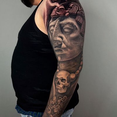 Read more about the article Realism Maya Sleeve K'inich Janaab' Pakal (the last mayan king) Tattoo by Goethe Silva — Los Angeles, CA