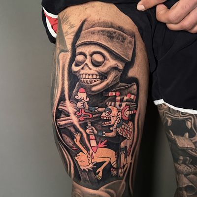 Read more about the article Illustrative hat, skull and sword Tattoo by Goethe Silva — Los Angeles, CA
